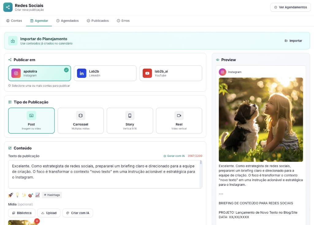 Redes Sociais - Agendar publicação com preview do Instagram, LinkedIn e YouTube