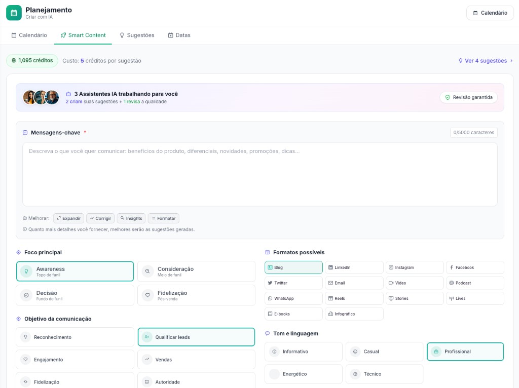 Smart Content - Criação de conteúdo com IA, escolha de tom, formato e objetivo