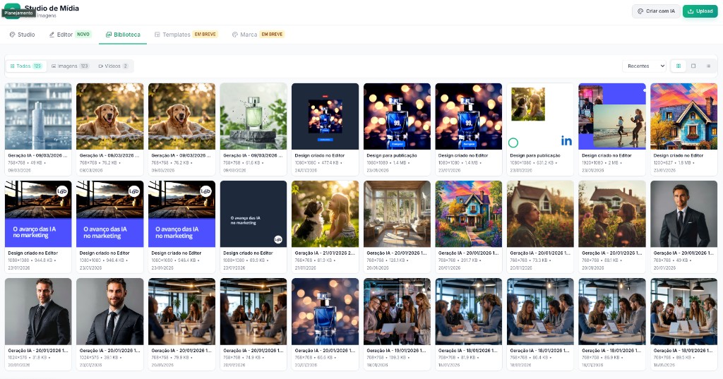 Studio de Mídia - Biblioteca de imagens geradas por IA e designs criados no editor