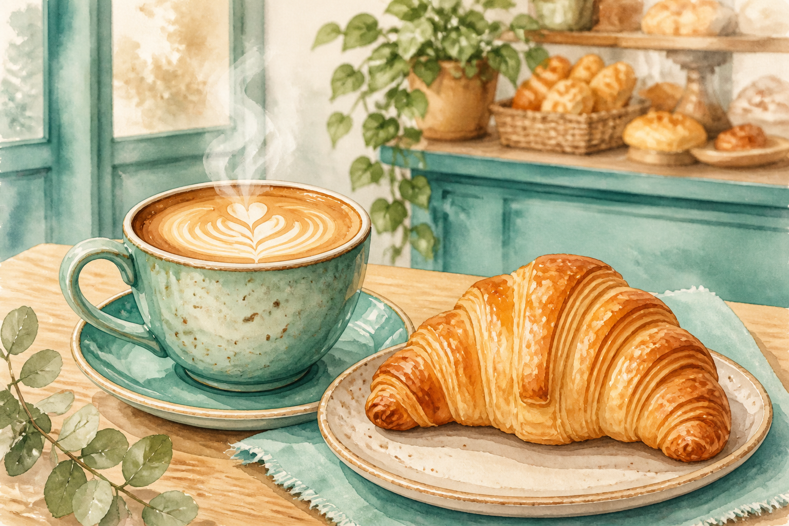 Exemplo ilustrado de café e croissant
