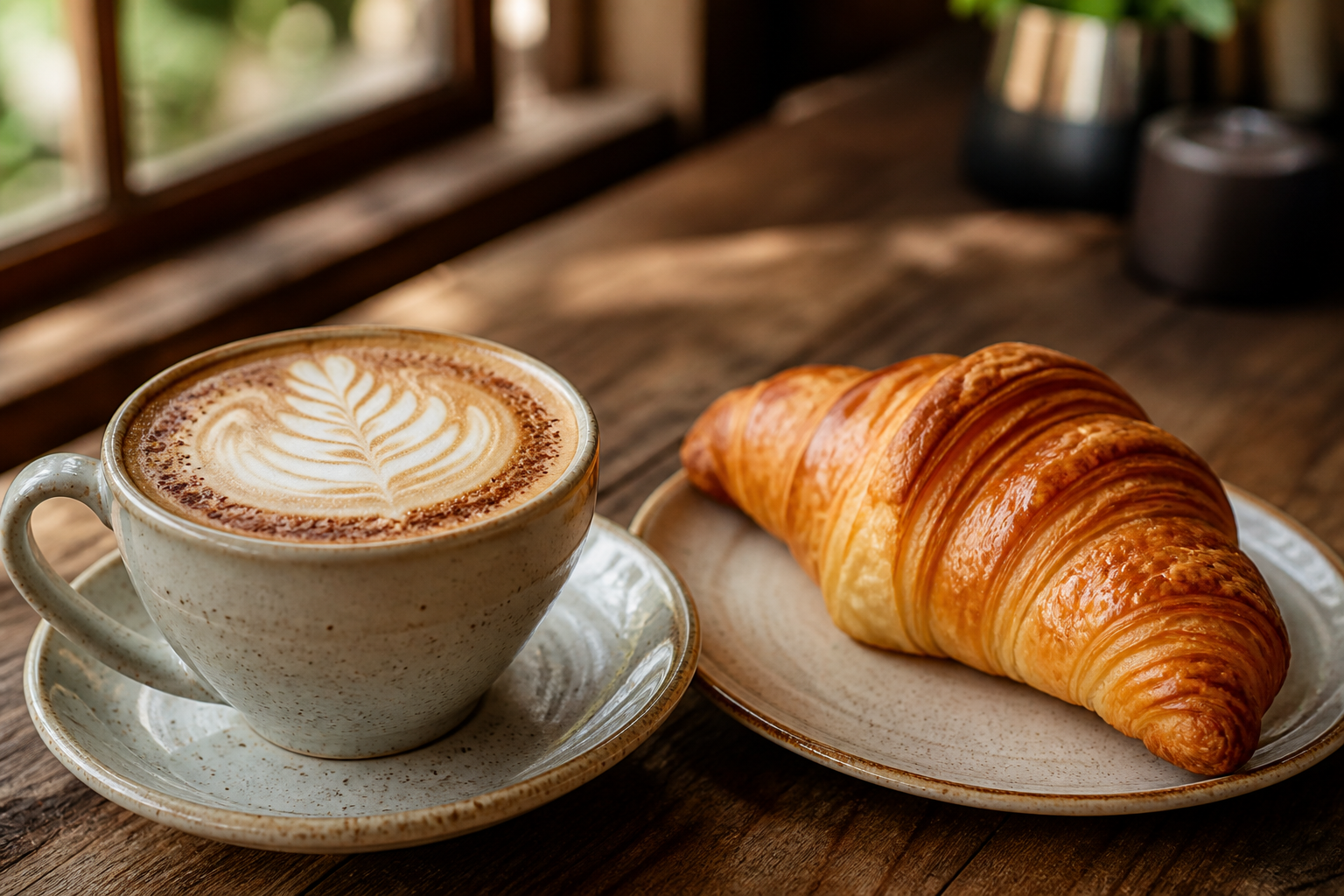 Exemplo fotorrealista de café e croissant