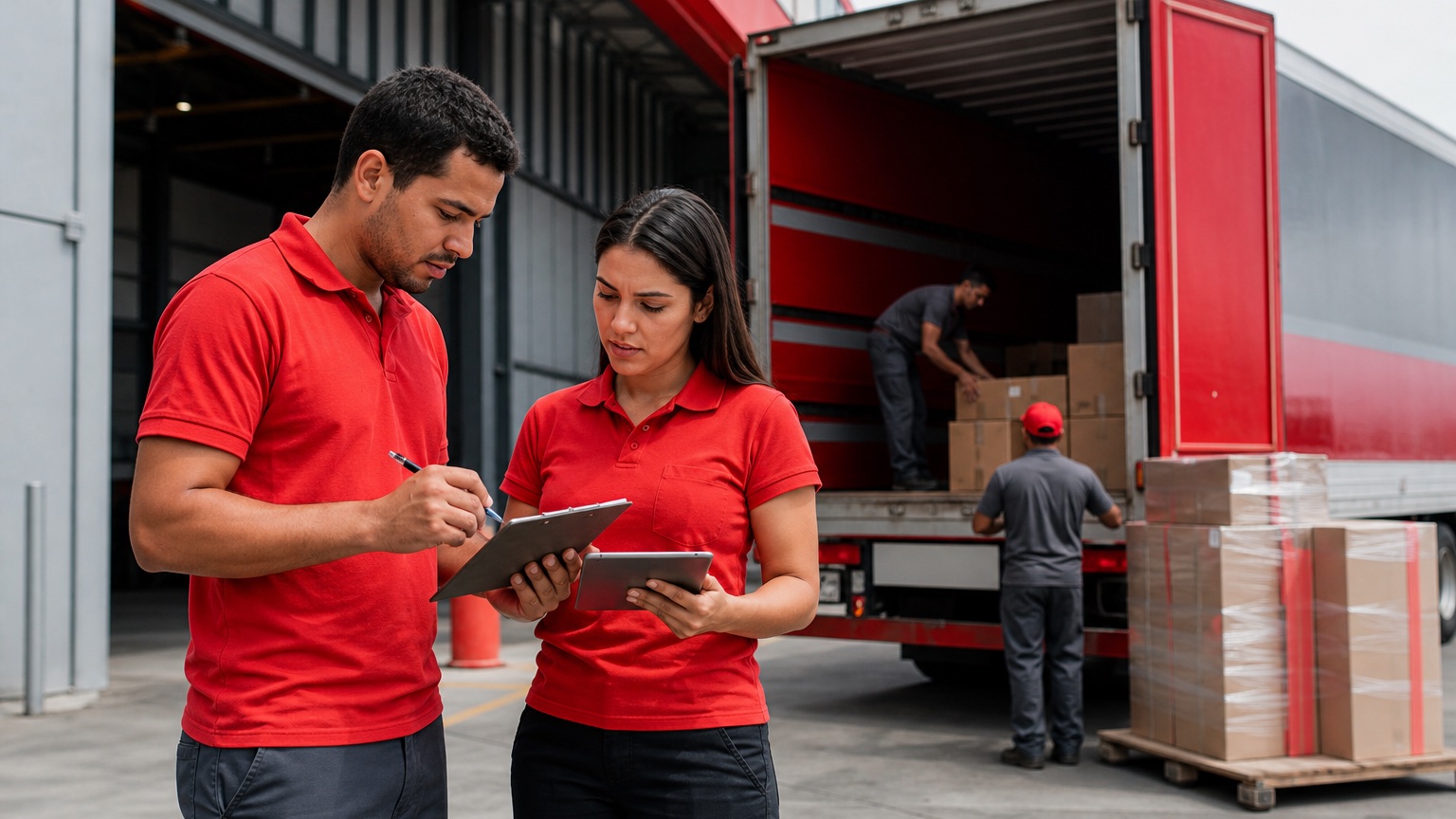 Equipe conferindo encomendas durante o carregamento de um caminhão em um centro de distribuição