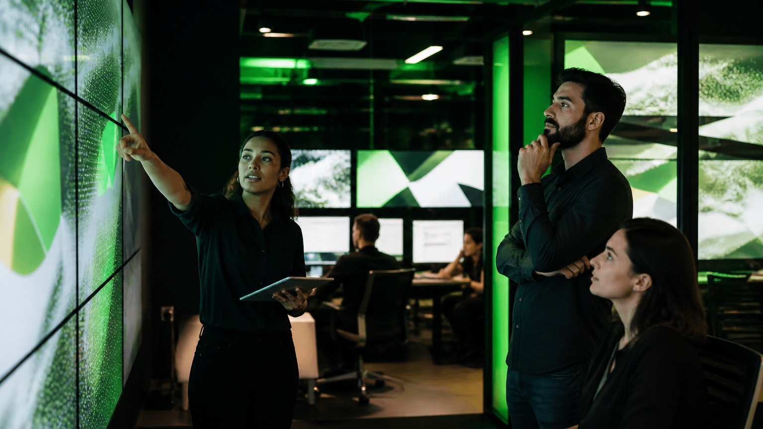 Executivos analisando campanhas multicanal em uma sala de operação de mídia