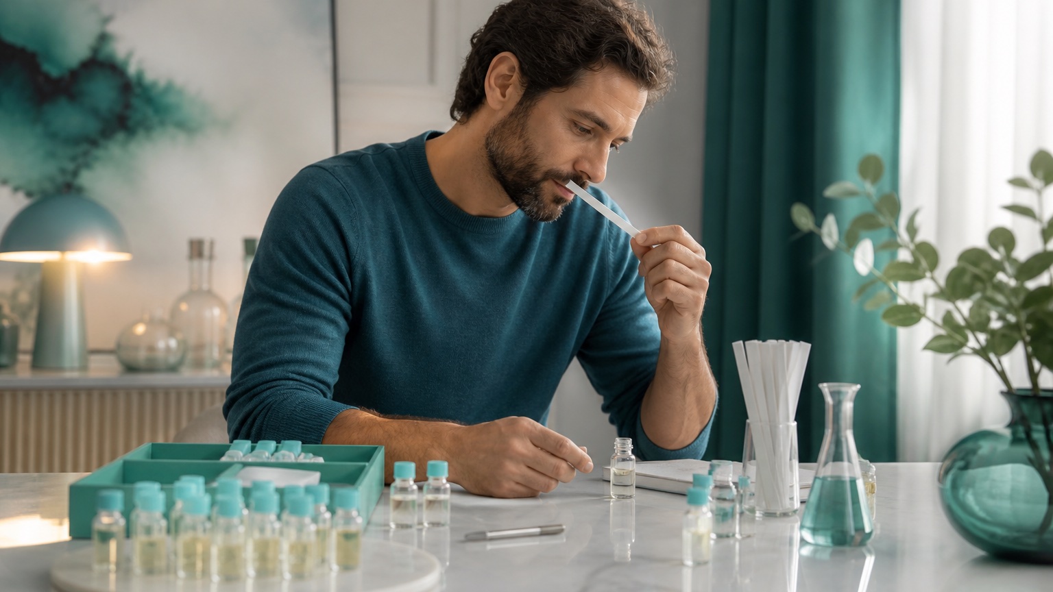 Cliente experimentando um decant de perfume em uma bancada com doses de vidro