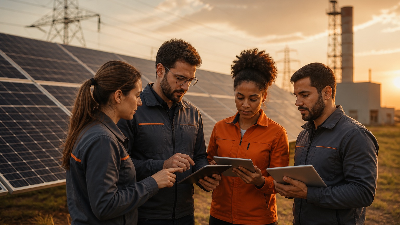 Equipe de tecnologia analisando dados junto a painéis solares e infraestrutura de energia