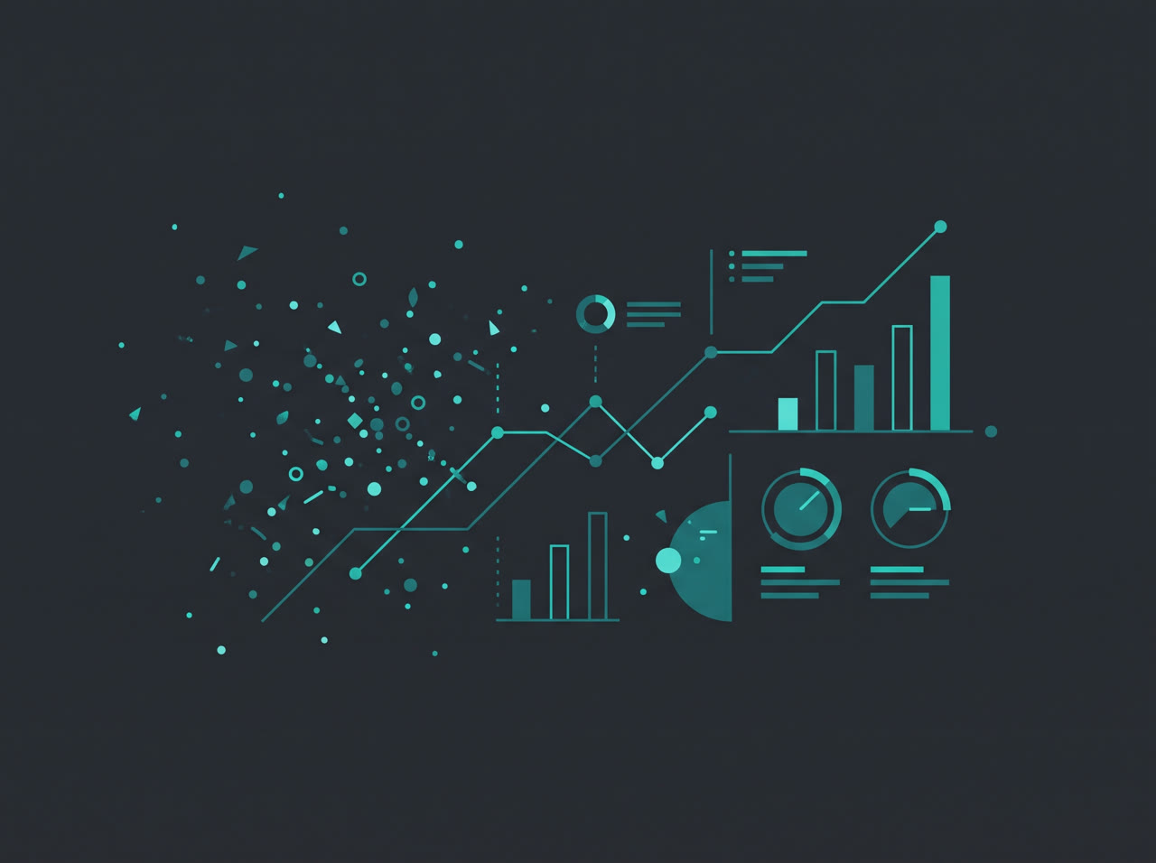 Ilustração editorial de dados organizados em gráficos e métricas em tons teal