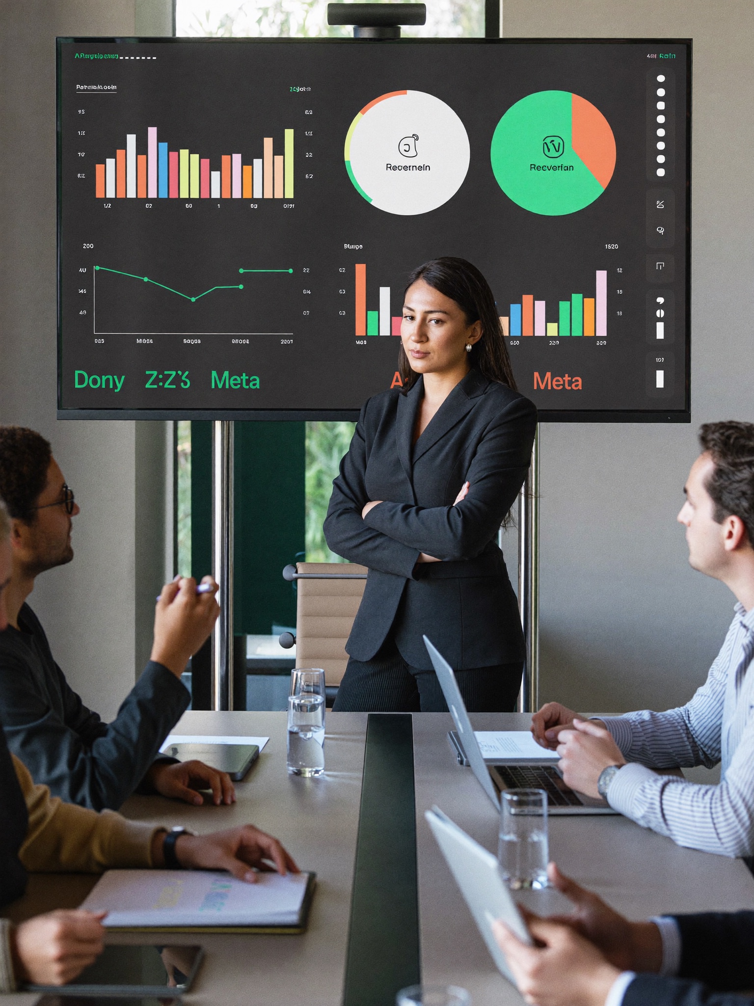 Executiva apresentando dashboard realista de indicadores em português para equipe de liderança em sala de reunião