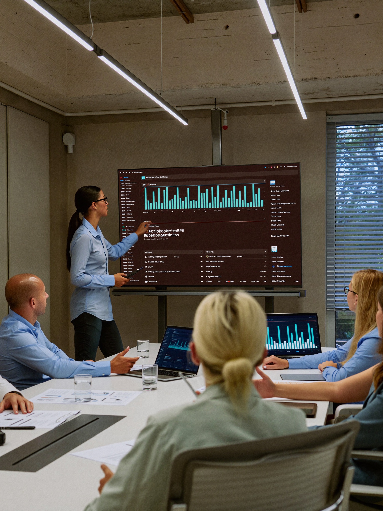 Analista apresentando dashboard de indicadores para equipe