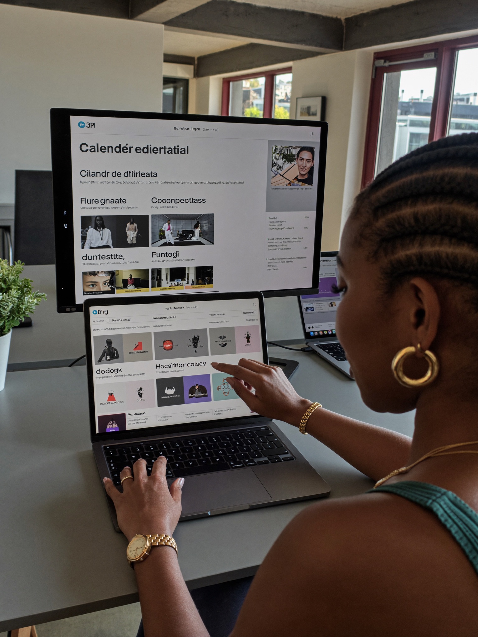 Profissional de marketing revisando calendário editorial em português no tablet, com pilares de conteúdo e funil na tela