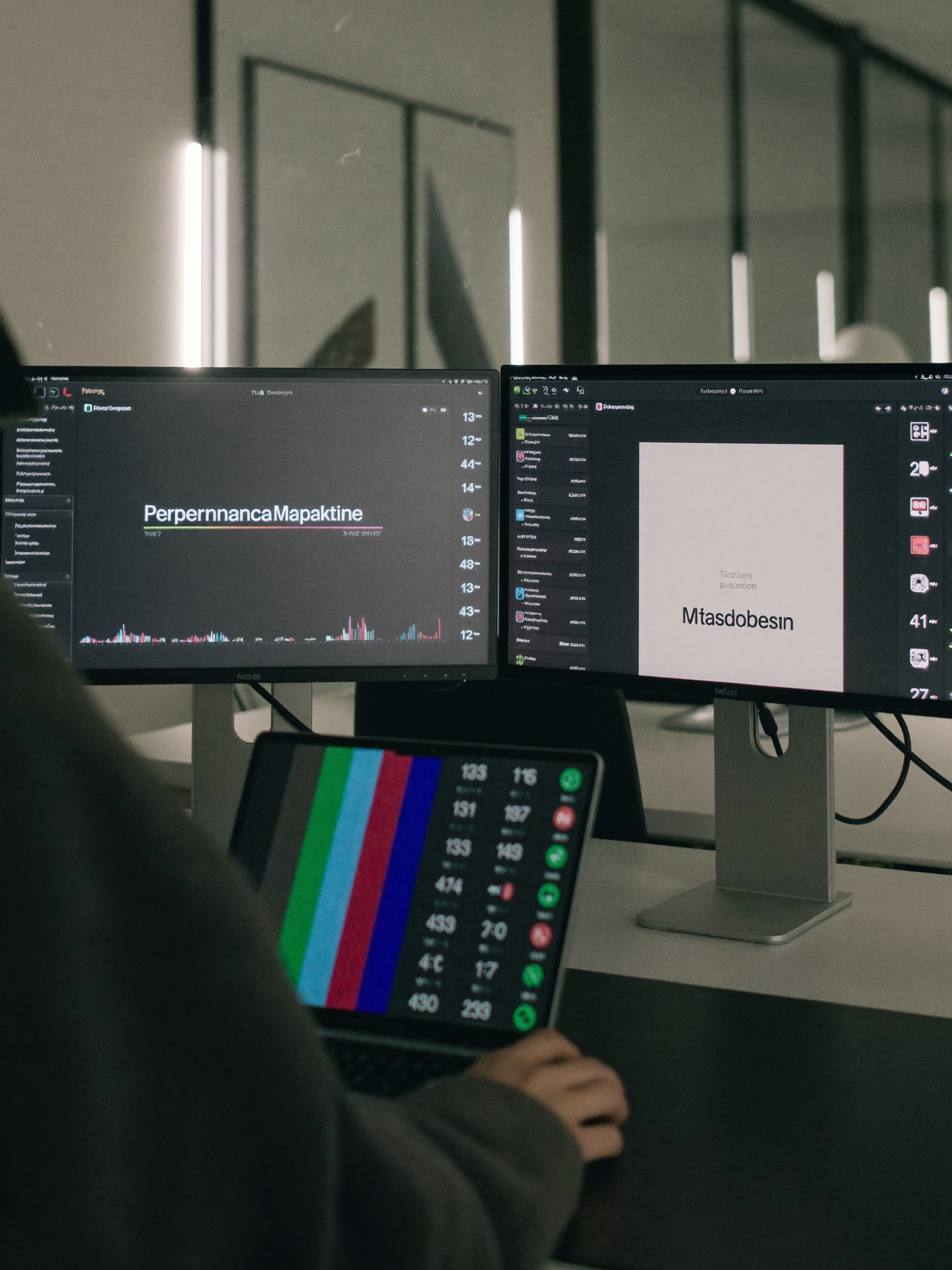 Analista de mídia revisando campanhas e métricas em dashboard